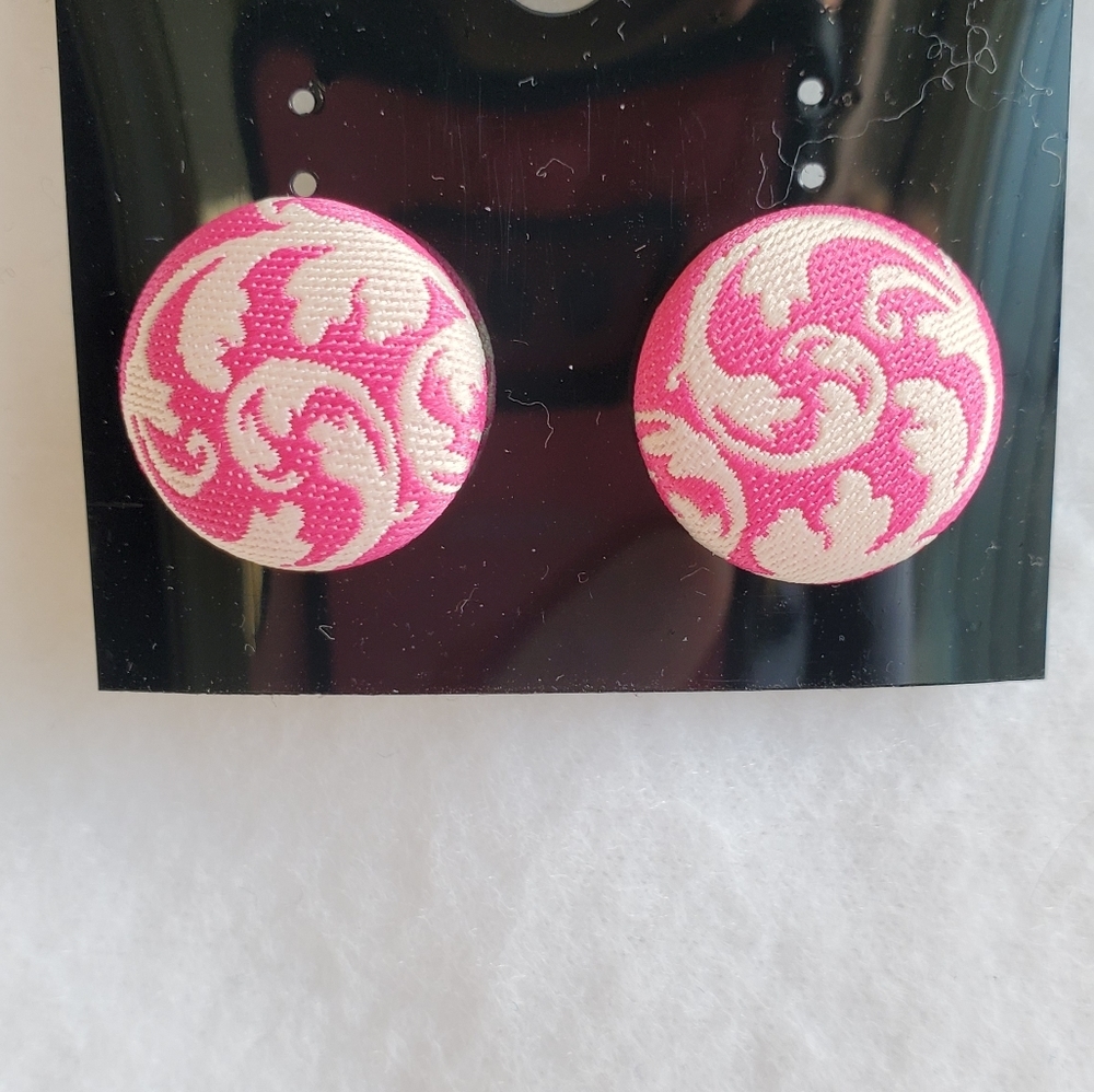 Women's fabric pink & white post earrings